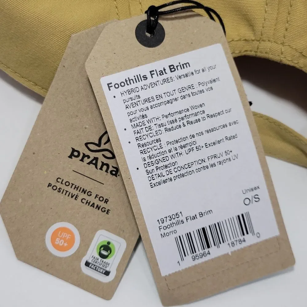 Prana Foothills Flat Brim‎ Hat UPF 50 Tan Adjustable Unisex Logo Packable NEW